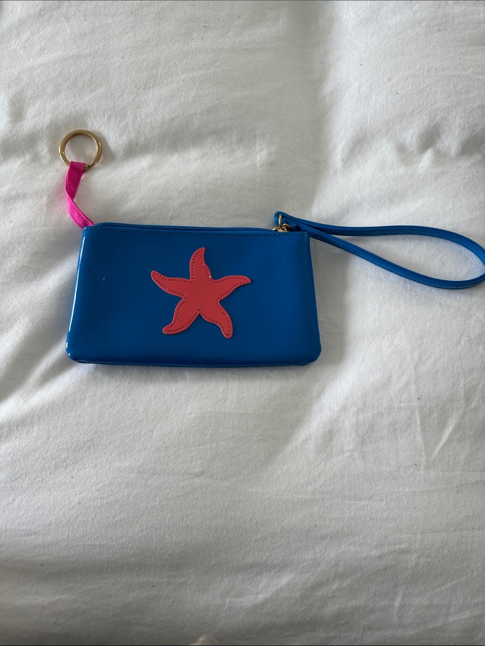 Blue Wristlet Pouch with Pink Starfish Accent